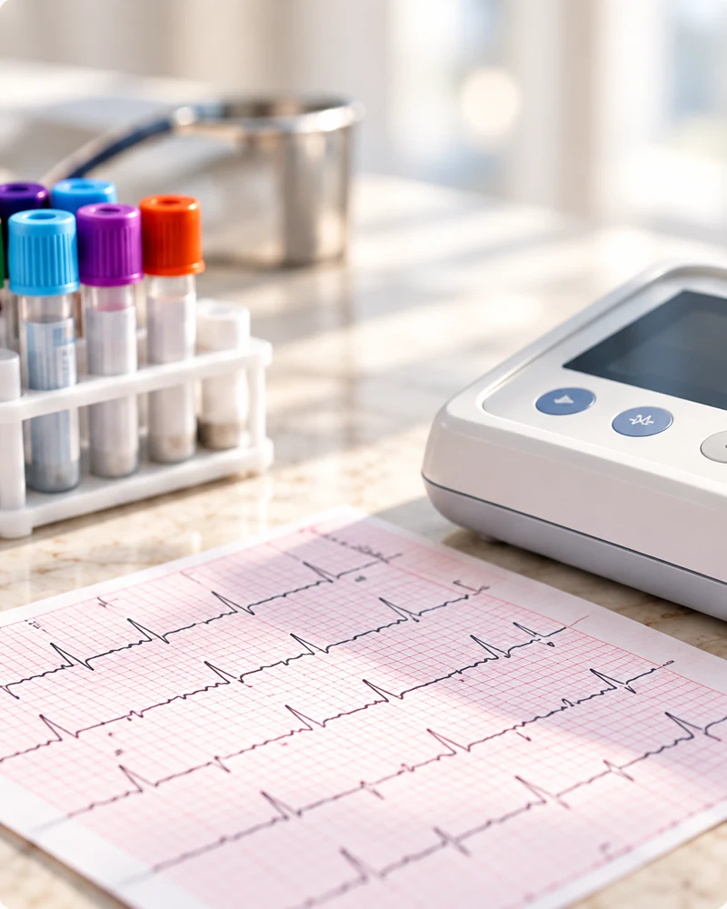 Laborröhrchen und EKG-Aufzeichnung
